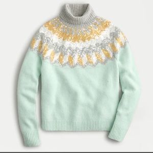 J. Crew Fair Isle Mint Green Sequin Extra Super Soft Yarn Turtleneck Sweater